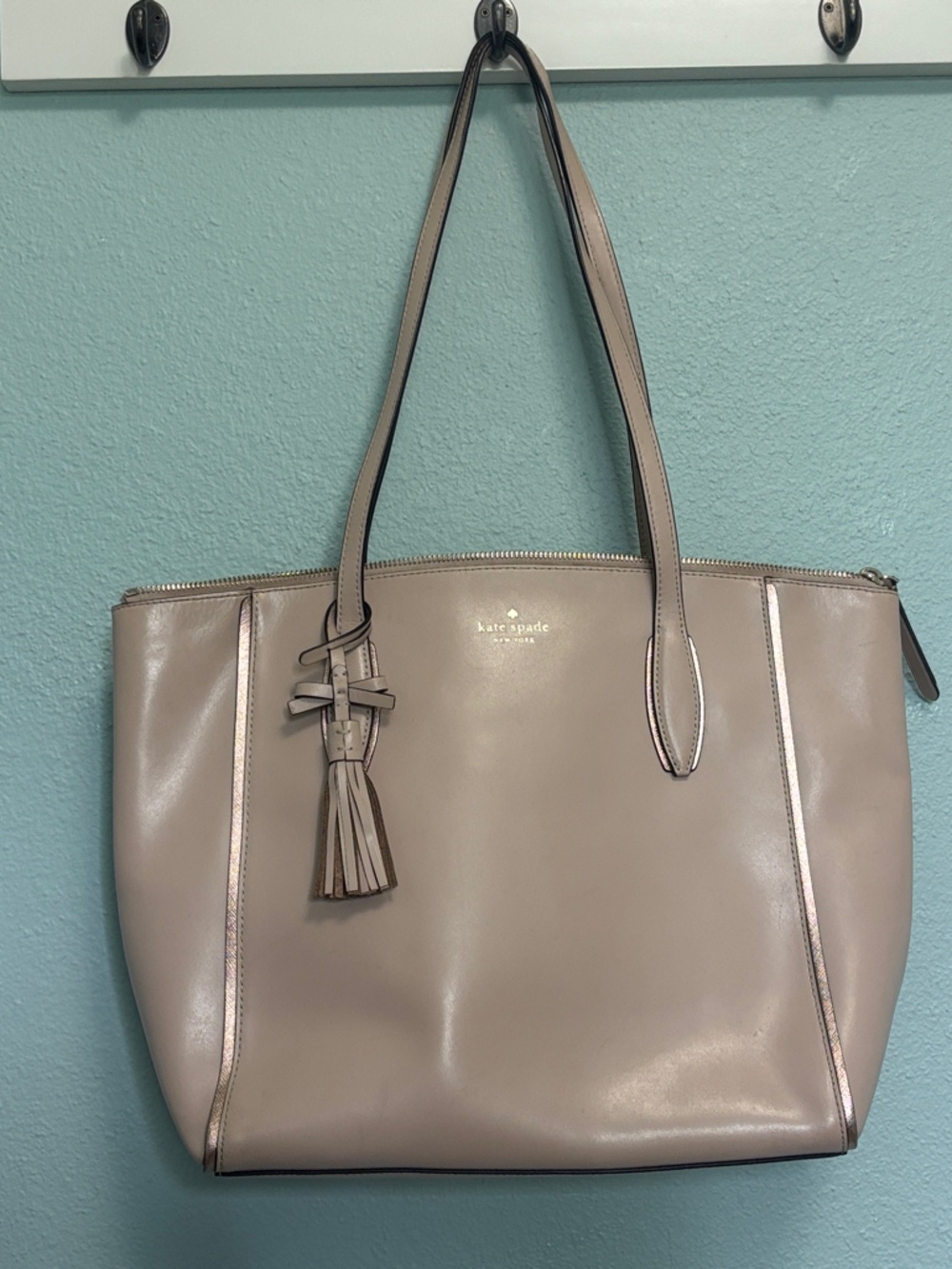 kate spade Neutral Taupe Leather Tote with Tassel